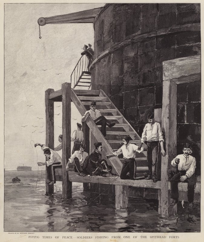 British soldiers fishing from one of the forts at Spithead, Hampshire by Henry Charles Seppings Wright