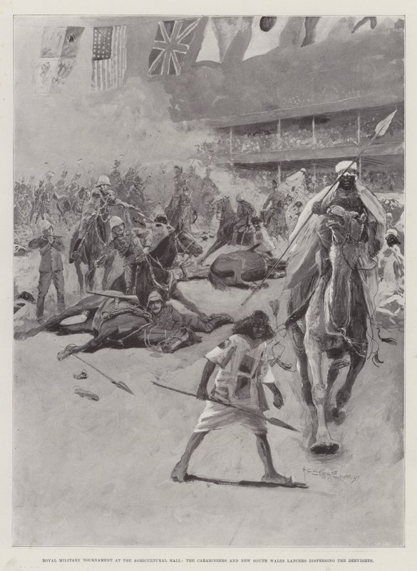 Royal Military Tournament at the Agricultural Hall, the Carabineers and New South Wales Lancers dispersing the Dervishes by Henry Charles Seppings Wright