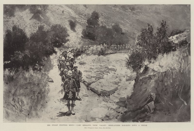 The Indian Frontier Rising, Camp Sheranni, Tochi Valley, Highlanders Marching Down a Defile by Henry Charles Seppings Wright