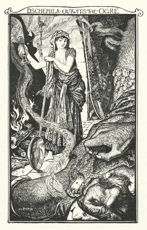 Dschemila Outwits the Ogre (engraving) by Henry Justice Ford