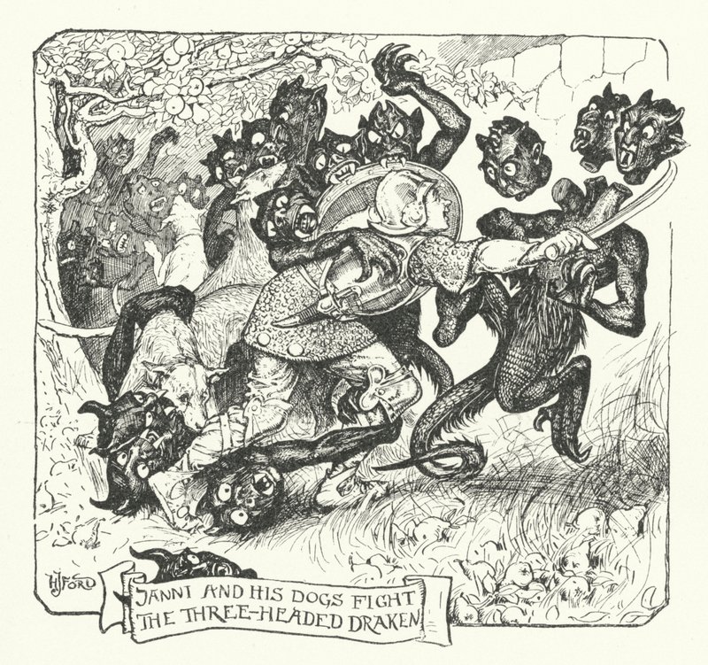 Janni and His Dogs Fight the Three-Headed Draken by Henry Justice Ford