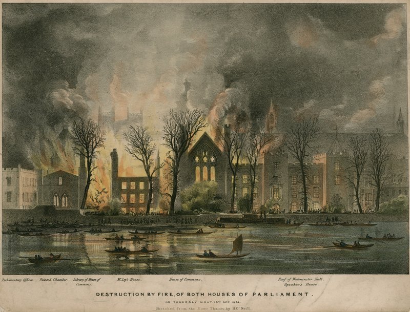 Destruction by fire of both Houses of Parliament on Thursday night, 16 October 1834 by Henry O