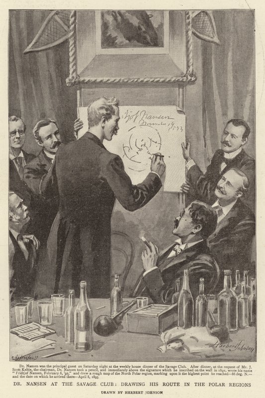 Dr Nansen at the Savage Club, Drawing His Route in the Polar Regions by Herbert Johnson