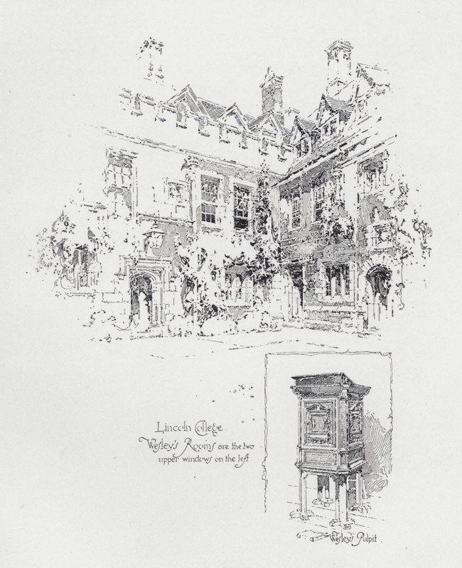 Pulpit used by English Methodist preacher John Wesley and his rooms at Lincoln College, Oxford by Herbert (after) Railton