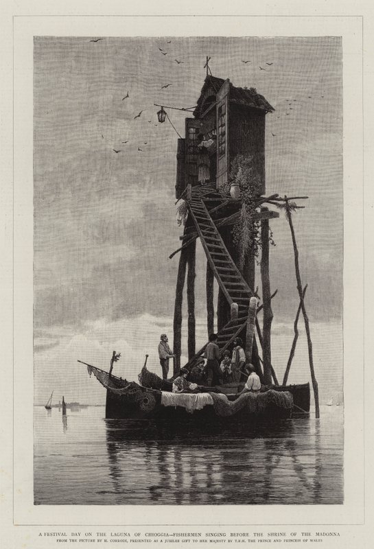 A Festival Day on the Laguna of Chioggia, Fishermen Singing Before the Shrine of the Madonna by Hermann David Salomon Corrodi