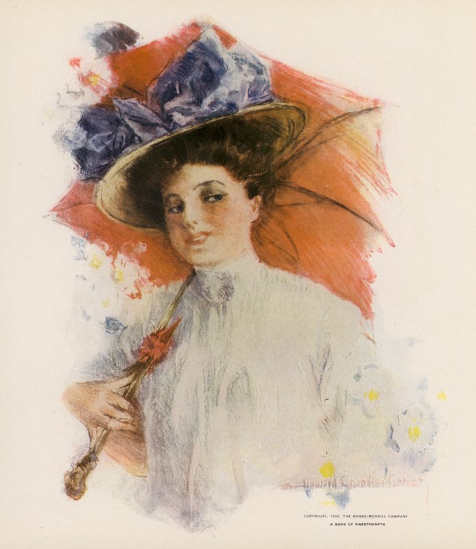 Young woman with an orange parasol by Howard Chandler (after) Christy