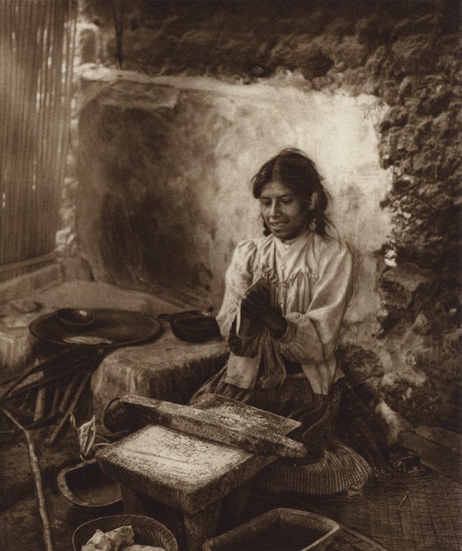 Mexico: Cooking corn tortillas by Hugo Brehme