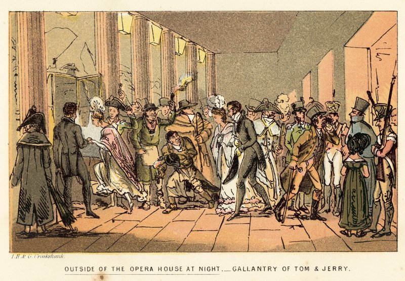 Outside of the Opera House at night by Isaac, Robert and George Cruikshank