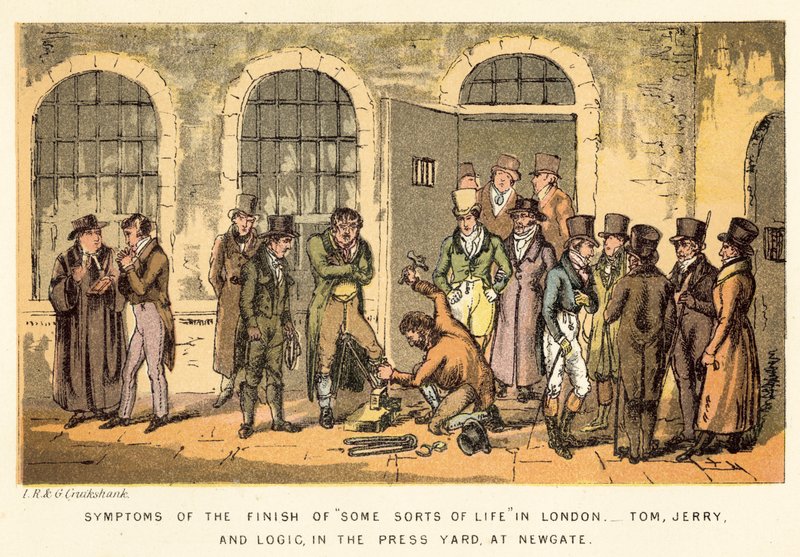 Symptoms of the Finish of Some Sorts of Life in London, Tom, Jerry, and Logic, in the Press Yard, at Newgate by Isaac, Robert and George Cruikshank