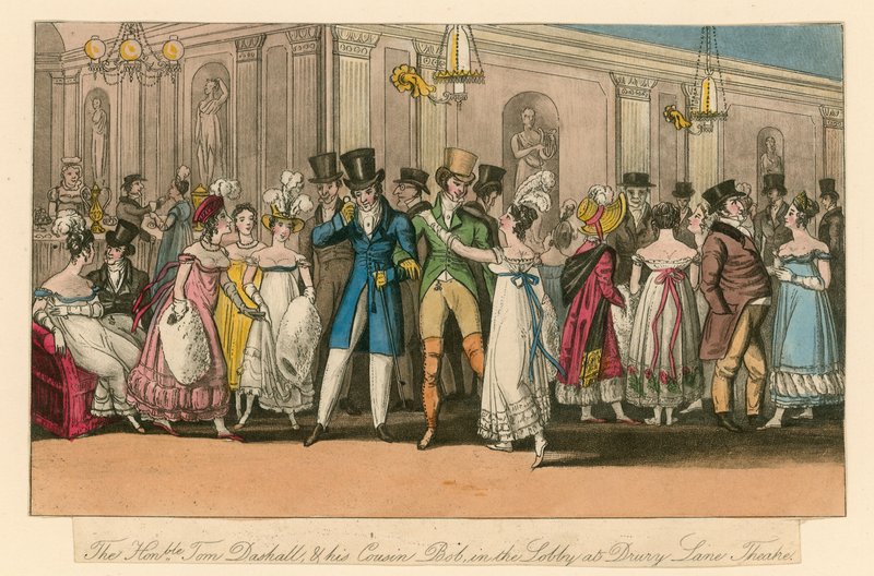 The Honourable Tom Dashall and his cousin Bob in the lobby at Drury Lane Theatre, London by Isaac, Robert and George Cruikshank
