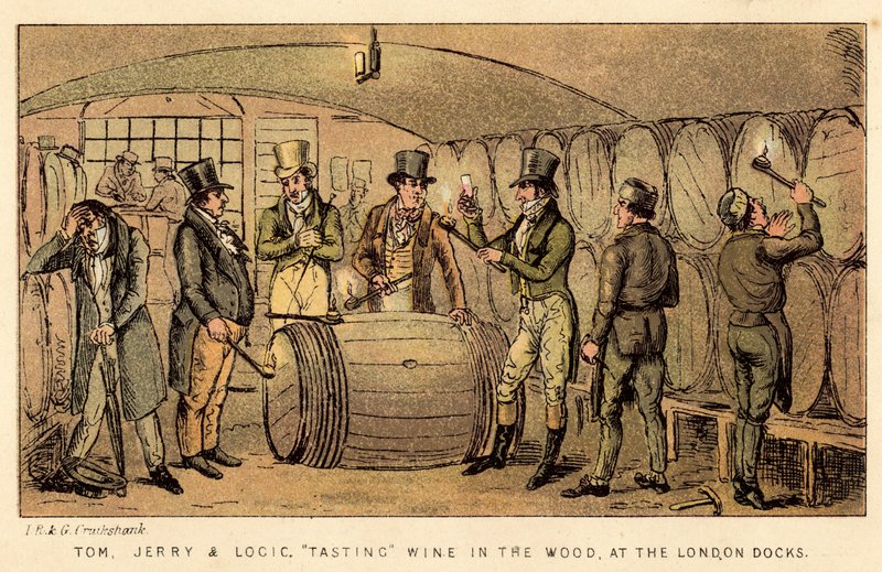 Tom, Jerry and Logic, tasting wine in the wood, at the London Docks by Isaac, Robert and George Cruikshank