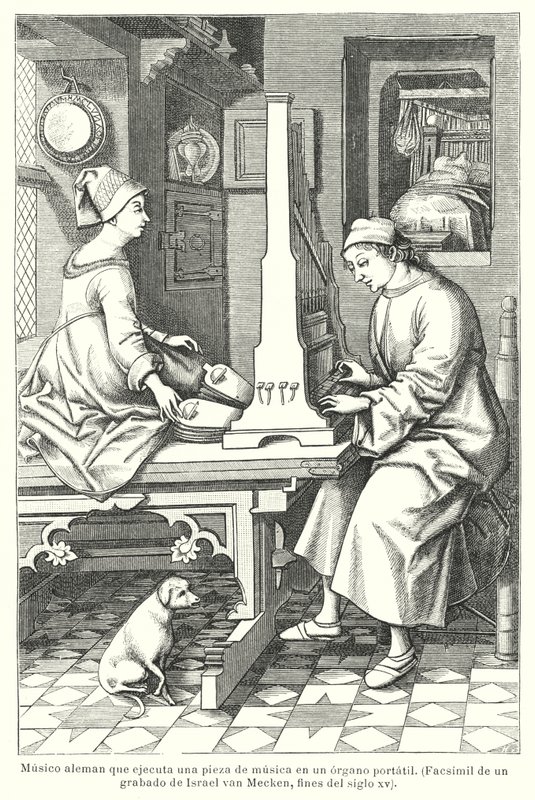 German musician playing a portable organ, late 15th Century by Israel van (after) Mecken