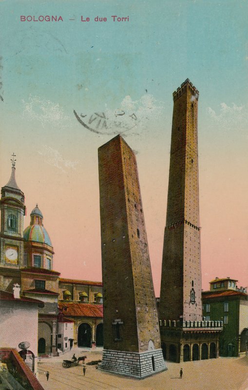 The two towers in Bologna, Italy. Postcard sent in 1913 by Italian Photographer