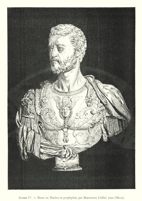 Cosimo I, Marble and Porphyry Bust, by Benvenuto Cellini, at the Uffizi (engraving) by Italian School