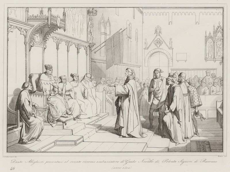 Dante Alighieri presents himself to the senate as ambassador of Guido Novello di Polenta, Lord of Ravenna by Italian School