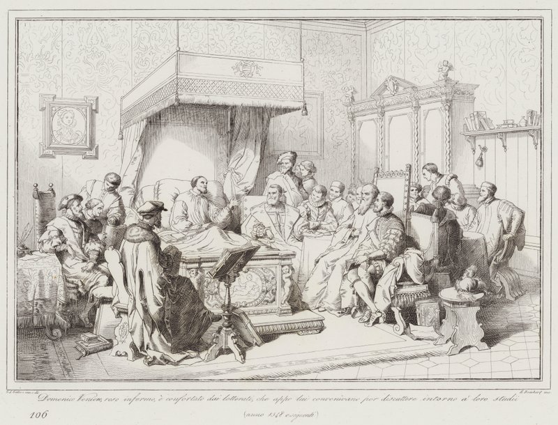 Domenico Veniero, rendered infirm, is comforted by the literati who gathered around him by Italian School