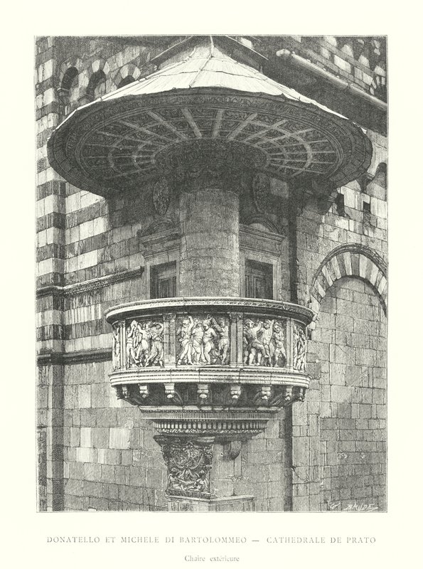 Donatello and Michele di Bartolommeo, Cathedral of Prato, Exterior Pulpit (engraving) by Italian School