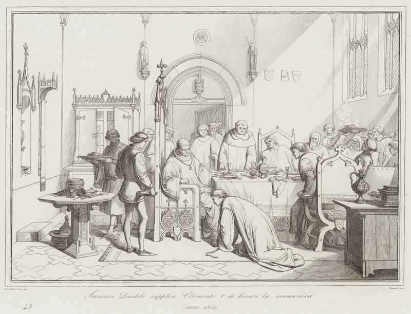 Francesco Dandolo begs Clement V to lift the excommunication by Italian School