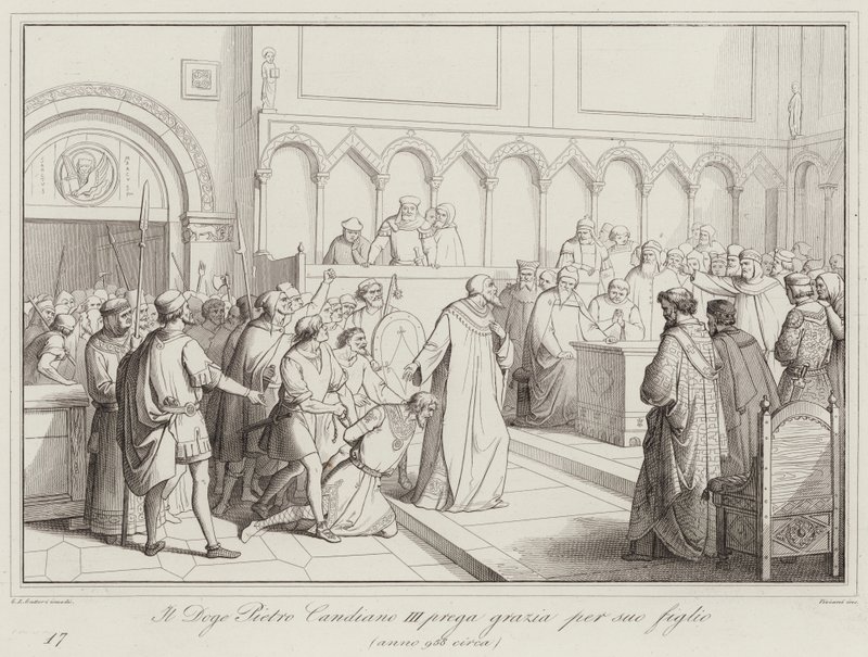 Il Doge Pietro Candiano III prega grazia per suo figlio, 958 by Italian School