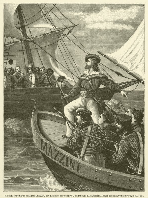 The First Ship Called Mazzini, With a Republican Flag, Commanded by Garibaldi, Attacks an Imperial Brigantine (engraving) by Italian School
