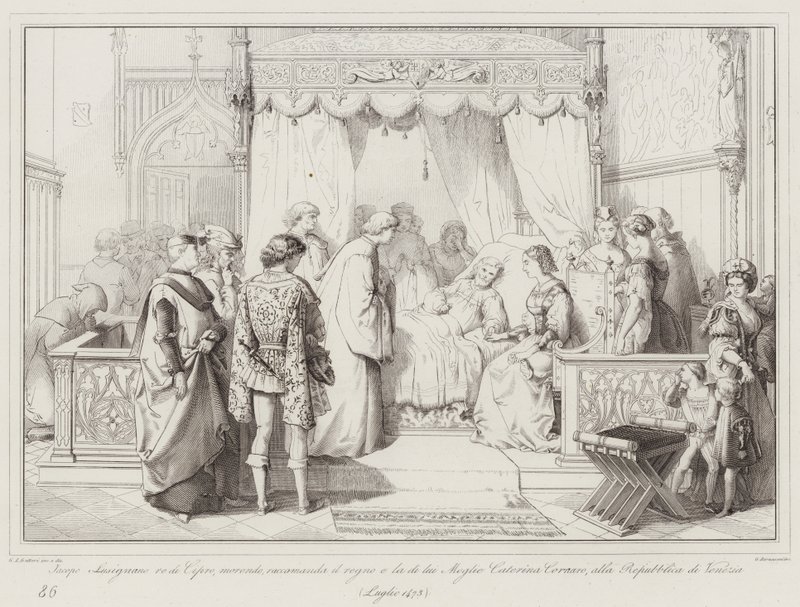 Jacopo Lusignano, King of Cyprus, on his deathbed, entrusts the kingdom and his wife Caterina Cornaro by Italian School