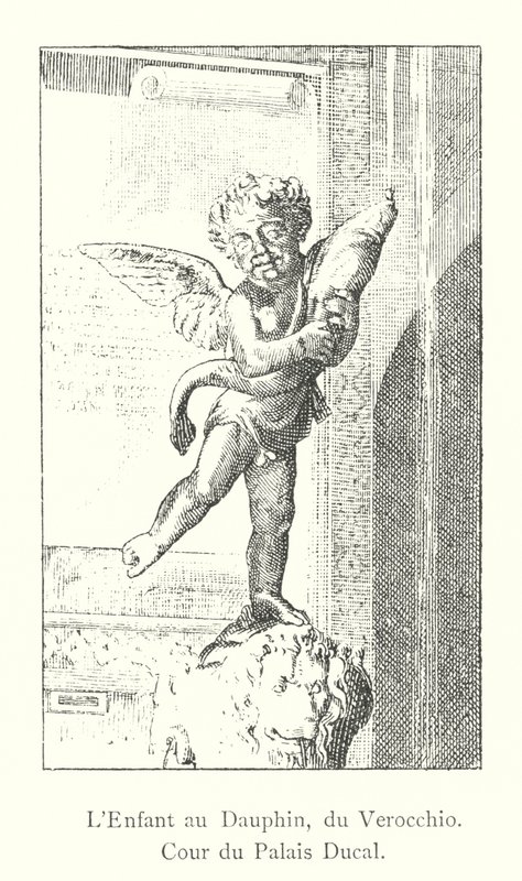 The Child with the Dolphin, by Verocchio, Courtyard of the Ducal Palace (engraving) by Italian School