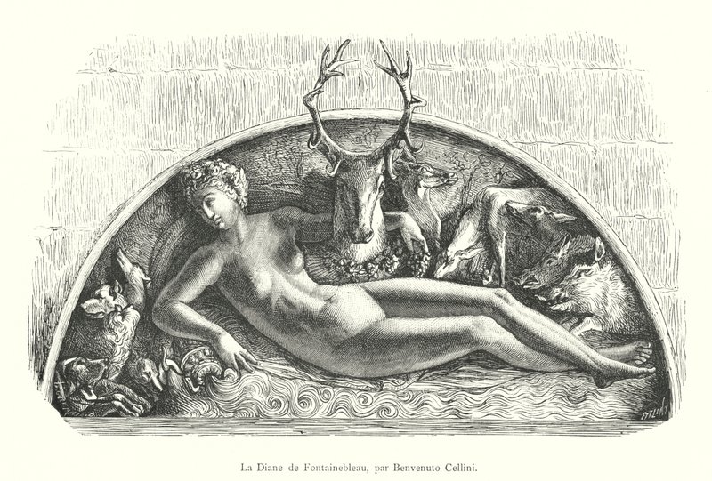 Diana of Fontainebleau, by Benvenuto Cellini (engraving) by Italian School