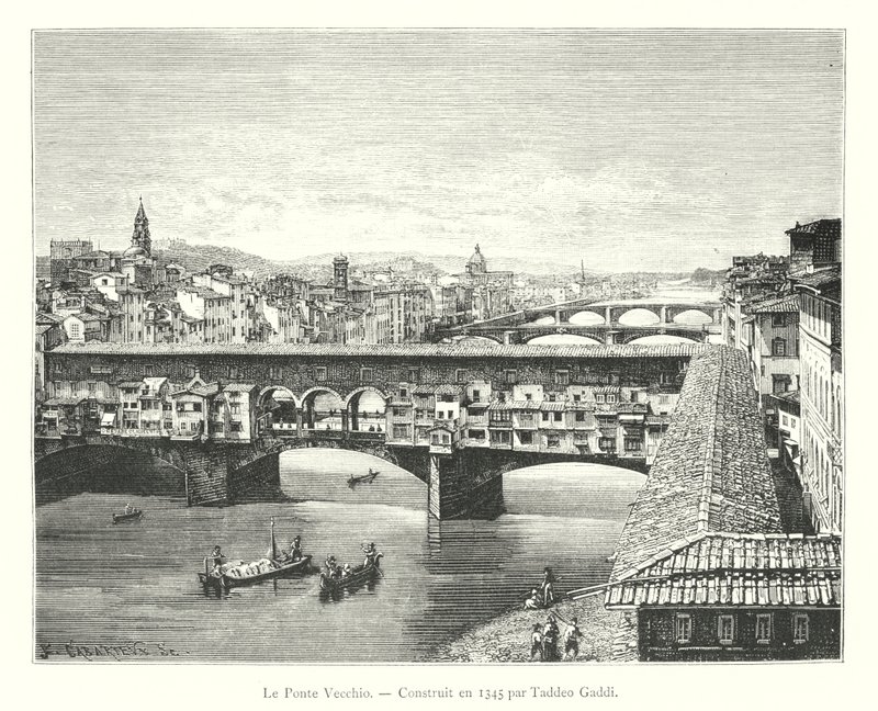 The Ponte Vecchio, Built in 1345 by Taddeo Gaddi (engraving) by Italian School