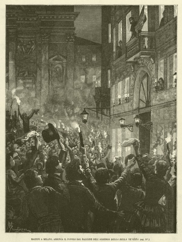 Mazzini in Milan, Addressing the People from the Balcony of the Bella Venezia Hotel (engraving) by Italian School