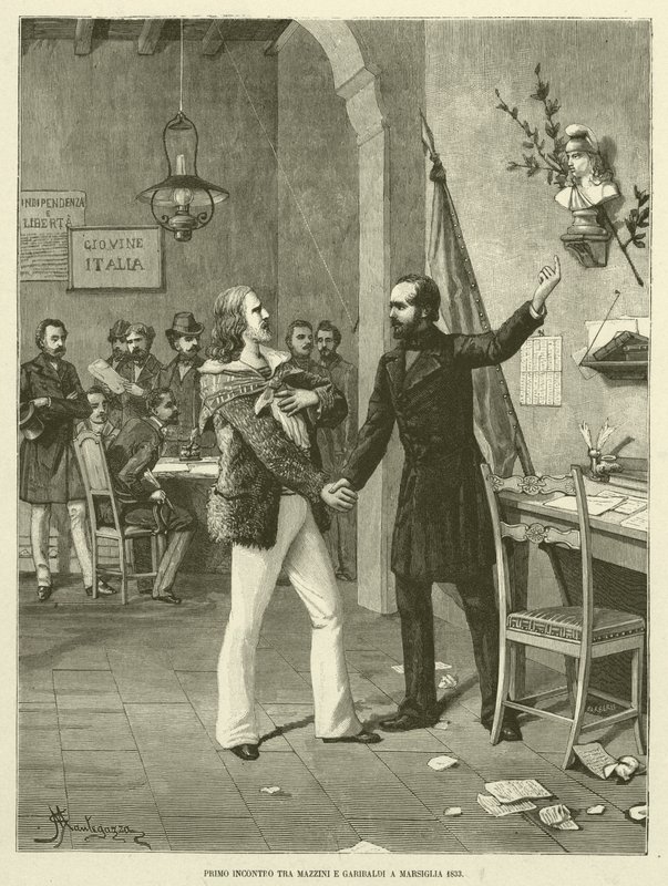 First Meeting Between Mazzini and Garibaldi in Marseille 1833 (engraving) by Italian School