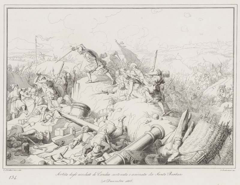 Sortie of the besieged of Candia supported and encouraged by Sante Barbaro by Italian School
