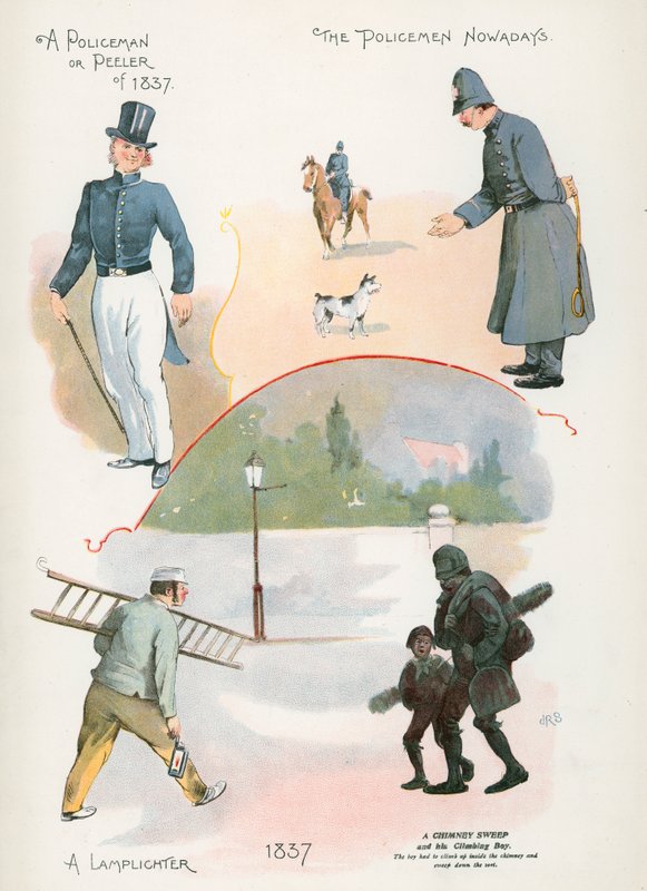 Policeman or Peeler of 1837, Policeman Nowadays, Lamplighter, Chimney Sweep by J. R. Sinclair