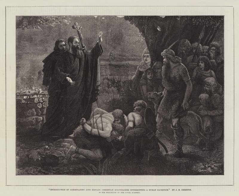Introduction of Christianity into Britain, Christian Missionaries interrupting a Human Sacrifice, in the Exhibition of the Royal Academy by James Elder Christie