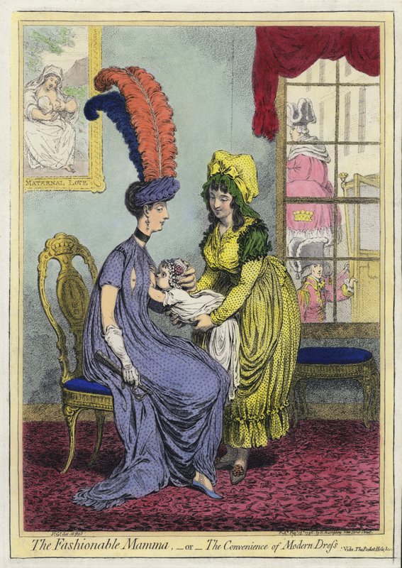 Breastfeeding, The Fashionable Mama, or The Convenience of Modern Dress (coloured engraving) by James (after) Gillray