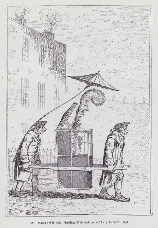 English cartoon mocking the fashion for women wearing feather headdresses by James (after) Gillray