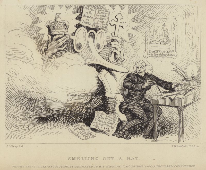 Smelling out a Rat: Welsh philosopher, nonconformist preacher and pamphleteer Richard Price startled by a giant bespectacled nose representing Edmund Burke catching him at work surrounded by evidence of sedition against the church and state by James (after) Gillray