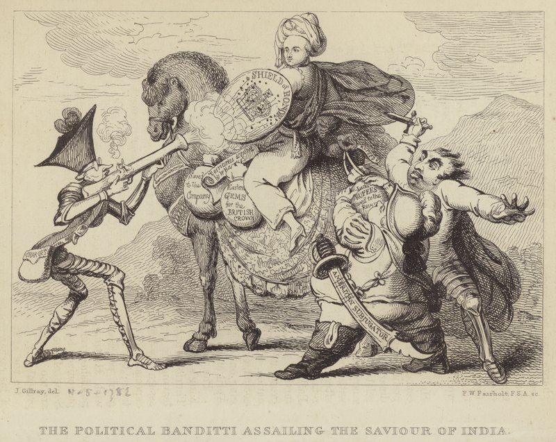 The Political Banditti Assailing the Saviour of India: Warren Hastings, Former Governor of Bengal, Under Attack from Politicians Edmund Burke, Charles James Fox and Lord North by James (after) Gillray