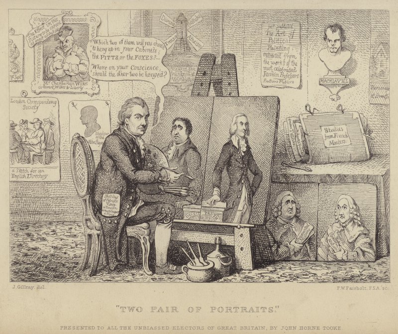 Two Pair of Portraits: anti-Whig cartoon depicting John Henry Tooke with portraits of Charles James Fox personifying vice and William Pitt the Younger representing virtue by James (after) Gillray