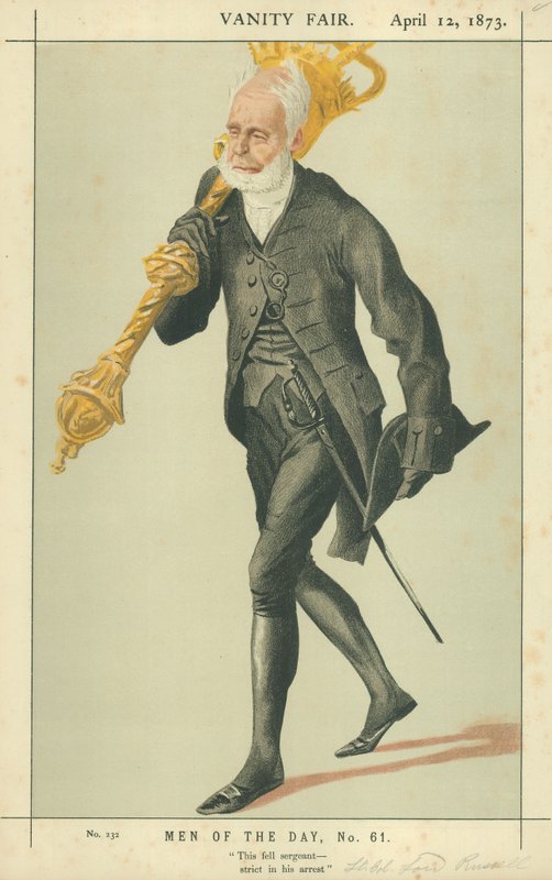 Lieut-Colonel Lord Charles James Fox Russell, This fell sergeant strict in his arrest, 12 April 1873, Vanity Fair cartoon by James Jacques Joseph Tissot