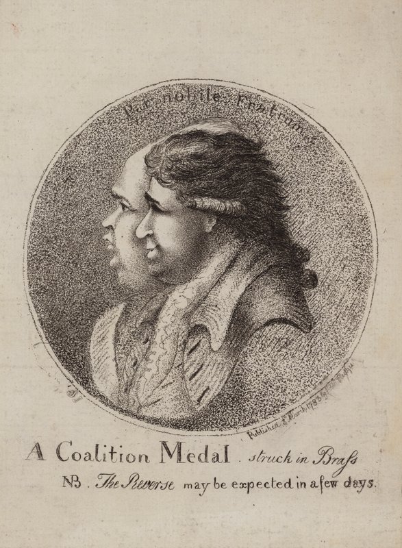 A Coalition Medal, Struck in Brass: Satire on the Coalition of British Politicians Lord North and Charles James Fox, 1783 by James Sayers