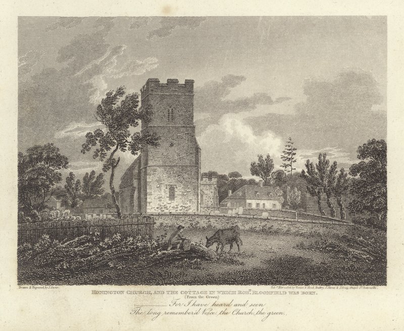 Robert Bloomfield, poet: Honington Church, and the Cottage in which Robert Bloomfield was born by James Storer