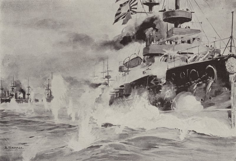 The Mikasa bravely fighting against the Russian Squadron off Port Arthur on 10 August by Japanese School