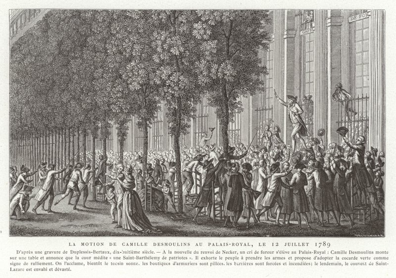 Camille Desmoulins issues his call to arms outside the Palais Royal, Paris, French Revolution, 12 July 1789 by Jean Duplessis Bertaux