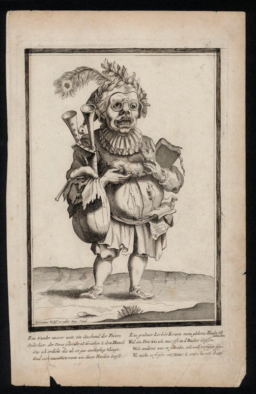Man carrying a set of bagpipes and wearing a peacock feather headdress, surrealistic costume print, c1700 by Jeremias Wolff