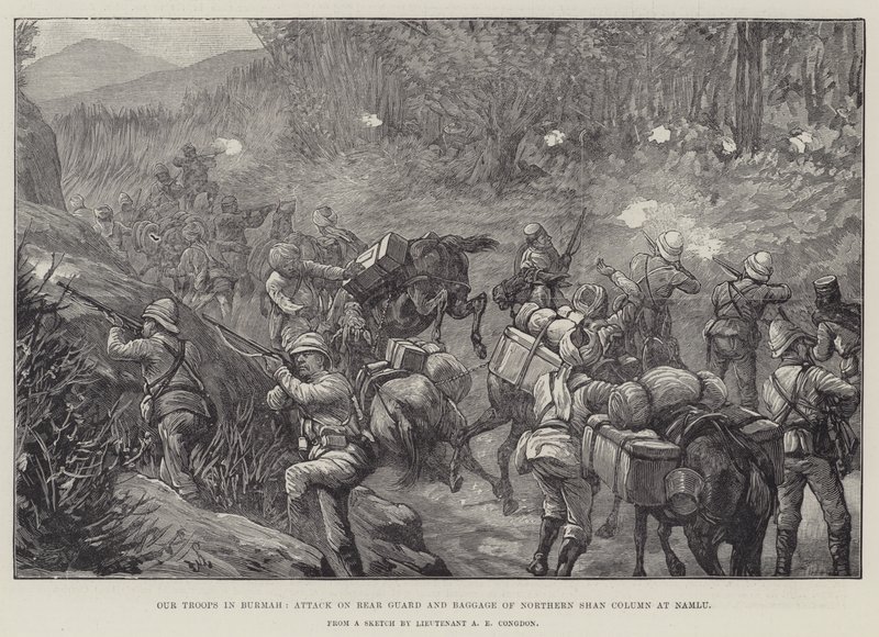 Our Troops in Burma, Attack on Rear Guard and Baggage of Northern Shan Column at Namlu by Johann Nepomuk Schonberg