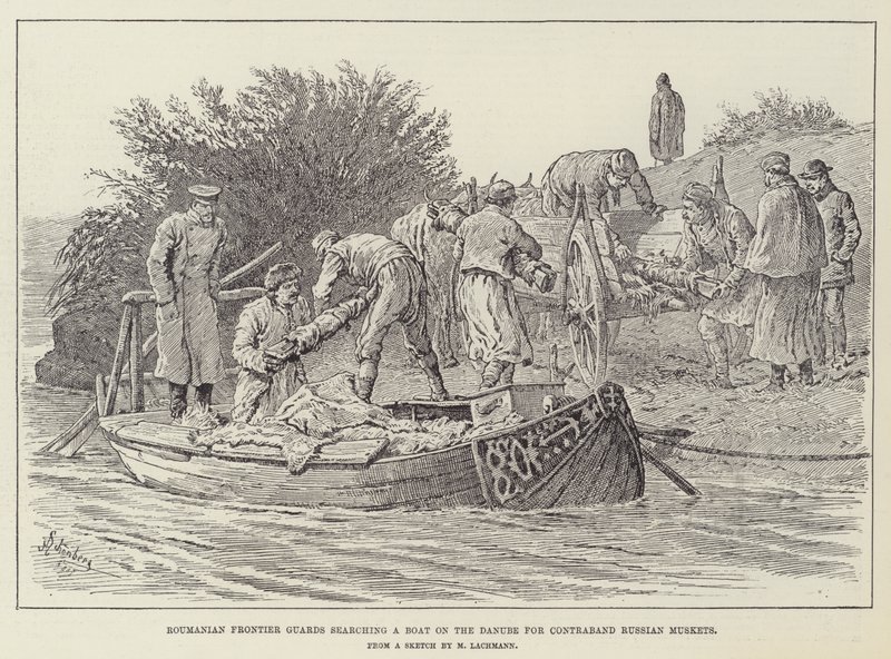 Roumanian Frontier Guards Searching a Boat on the Danube for Contraband Russian Muskets by Johann Nepomuk Schonberg