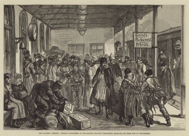 The Eastern Question, Russian Volunteers at the Railway Station, Paschkanyi, Moldavia, on their Way to the Danube by Johann Nepomuk Schonberg