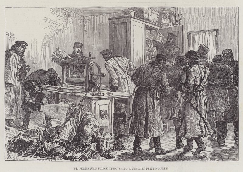 St Petersburg Police discovering a Nihilist Printing-Press by Johann Nepomuk Schonberg