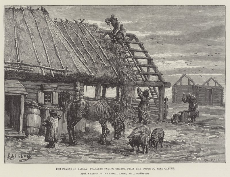 The Famine in Russia, Peasants Taking Thatch from the Roofs to Feed Cattle by Johann Nepomuk Schonberg