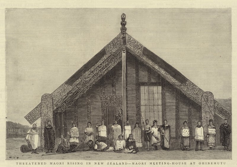 Threatened Maori Rising in New Zealand, Maori Meeting-House at Ohinemutu by John Charles Dollman
